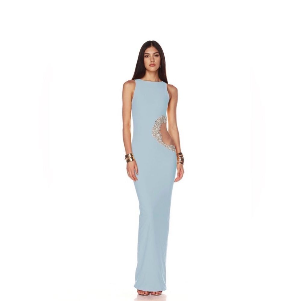 NWOT BRONX AND BANCO Camila Rhinestone Cutout Maxi Dress in powder blue, M